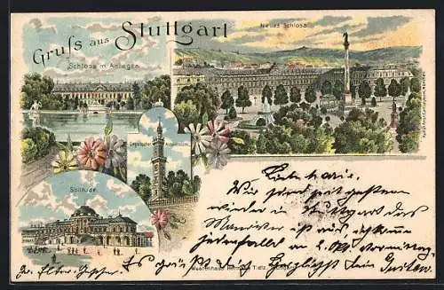 Lithographie Stuttgart, Neues Schloss, Solitude, Schloss mit Anlagen