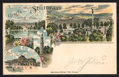 Lithographie Stuttgart, Neues Schloss, Solitude, Schloss mit Anlagen