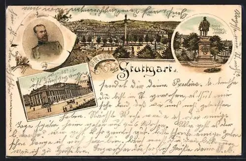 Lithographie Stuttgart, Schlossplatz, Königsbau, Herzog-Christoph-Denkmal