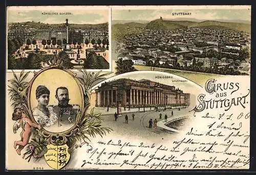 Lithographie Stuttgart, König Wilhelm II. von Württemberg mit Gemahlin, Schloss, Königsbau