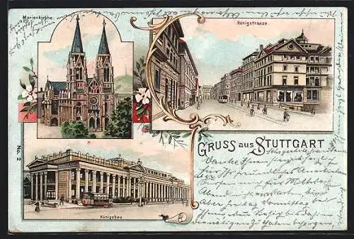 Lithographie Stuttgart, Königstrasse, Marienkirche, Königsbau mit Strassenbahn
