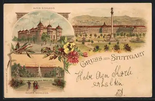 Lithographie Stuttgart, Schlossplatz, Altes Schloss, Neues Schloss