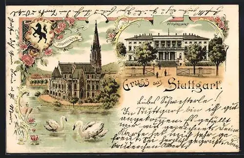 Lithographie Stuttgart, Johanniskirche, Wilhelmspalast, Stadtwappen