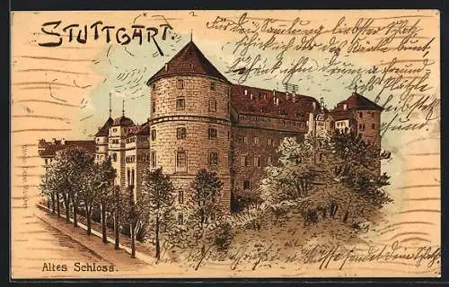 Lithographie Stuttgart, Altes Schloss mit Strasse aus der Vogelschau