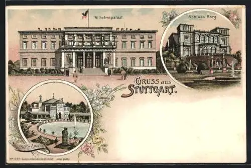 Lithographie Stuttgart, Wilhelmspalast, Wilhelma, Schloss Berg