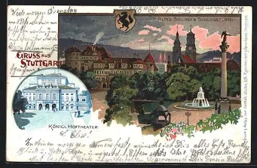 Lithographie Stuttgart, Königliches Hoftheater, Altes Schloss und Schlossplatz