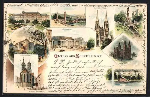 Lithographie Stuttgart, Technische Hochschule, Stiftskirche, Garnisonskirche, Schillerdenkmal, König Karl-Brücke