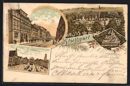 Lithographie Stuttgart, Schlossplatz, Marktplatz, Strassenpartie mit Pferdebahn, Eberhard-Gruppe