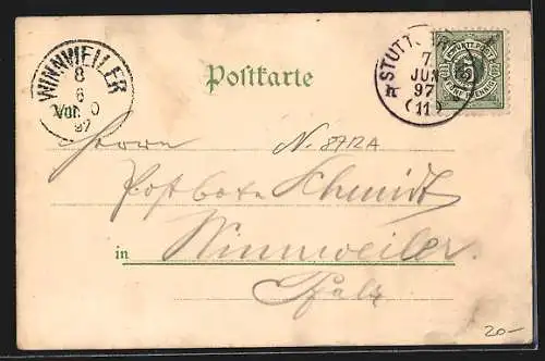 Lithographie Stuttgart, Schlossplatz, Marktplatz, Strassenpartie mit Pferdebahn, Eberhard-Gruppe