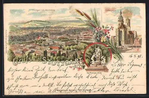 Lithographie Stuttgart, Stiftskirche, Panorama mit Hasenberg
