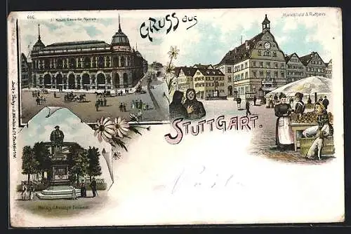 Lithographie Stuttgart, das neue Gewerbemuseum, Marktplatz mit Rathaus, das Herzog Christoph Denkmal