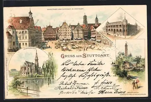 Lithographie Stuttgart, Marktplatz und Rathhaus, Johanneskirche, Landesgewerbemuseum, Jägerhaus und Aussichtsturm
