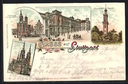 Lithographie Stuttgart, Post, Stiftskirche und Schillerdenkmal, Marien-Kirche