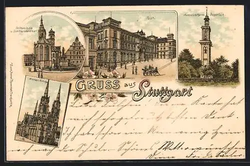 Lithographie Stuttgart, Stiftskirche & Schillerdenkmal, Post, Aussichtsturm Degerloch, Marien-Kirche