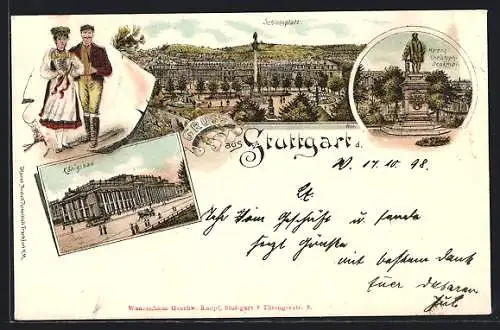 Lithographie Stuttgart, Königsbau, Schlossplatz, Herzog-Christoph-Denkmal