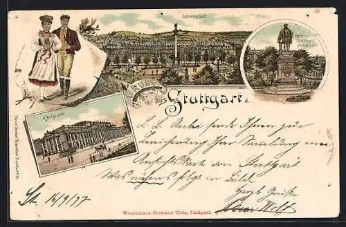 Lithographie Stuttgart, Königsbau, Schlossplatz, Herzog-Christoph-Denkmal