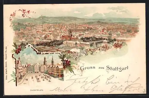 Winter-Lithographie Stuttgart, Totalansicht und Marktplatz