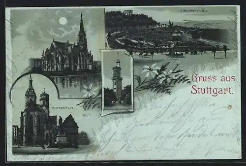 Mondschein-Lithographie Stuttgart, Stiftskirche, Aussichtsturm bei Degerloch, Bopserbrunnen