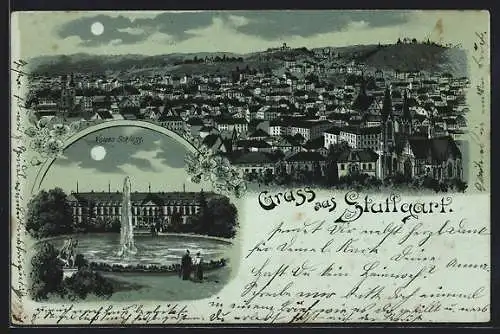 Mondschein-Lithographie Stuttgart, Wasseranlage am Neuen Schloss, Gesamtansicht