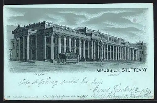 Mondschein-Lithographie Stuttgart, Strassenbahn am Königsbau