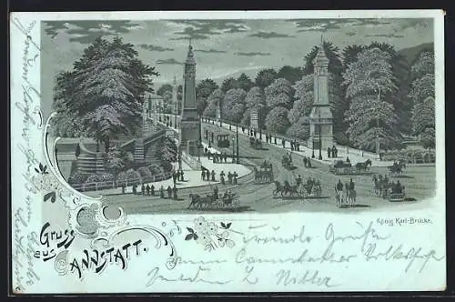 Mondschein-Lithographie Cannstatt, Strassenbahn und reger Verkehr an der König Karl-Brücke