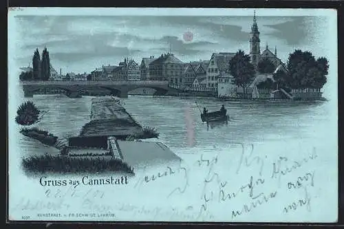 Mondschein-Lithographie Cannstatt, Ortsansicht vom Wasser aus