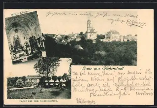 AK Hohenstadt / Aalen, Ortsansicht mit der Kirche, Kircheninneres, Partie aus dem Schlossgarten