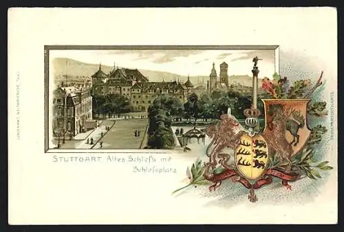 Passepartout-Präge-Lithographie Stuttgart, Altes Schloss mit Schlossplatz und Wappen