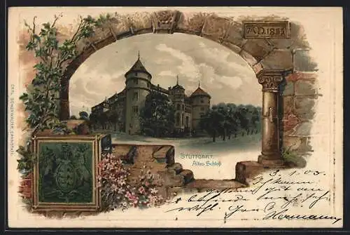 Passepartout-Lithographie Stuttgart, Altes Schloss gesehen durch ein Burgfenster, Wappen