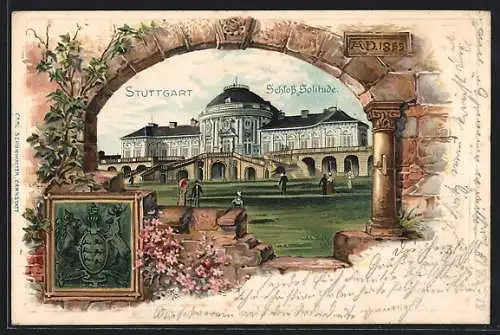 Passepartout-Lithographie Stuttgart, Schloss Solitude durch einen Torbogen gesehen, Wappen