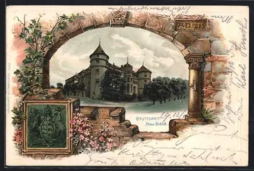 Passepartout-Lithographie Stuttgart, Altes Schloss gesehen durch ein Burgfenster, Wappen