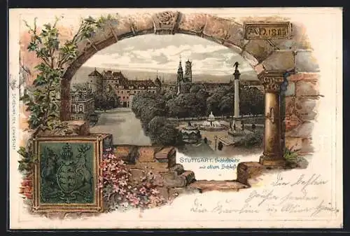 Passepartout-Lithographie Stuttgart, Schlossplatz mit altem Schloss durch ein Burgfenster gesehen, Wappen, Hirsch, Löwe