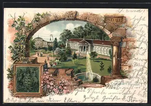 Passepartout-Lithographie Cannstatt, Kursaal, Wappen