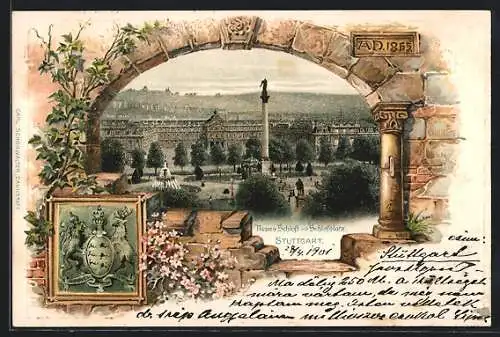 Passepartout-Lithographie Stuttgart, Neues Schloss mit Schlossplatz und Wappen
