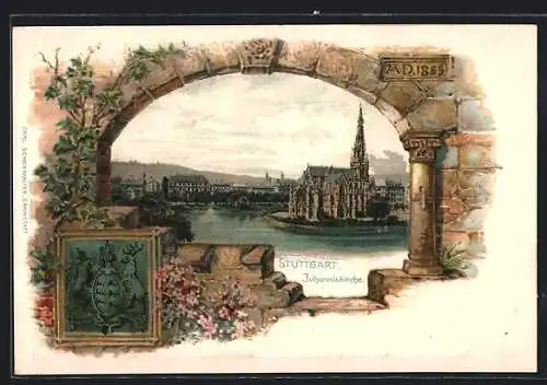 Passepartout-Lithographie Stuttgart, Johanniskirche im Stadtbild, Wappen