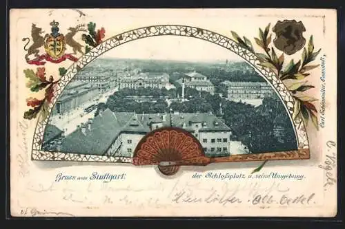 Passepartout-Lithographie Stuttgart, Der Schlossplatz und seine Umgebung, Fächer-Passepartout, Stadt- und württ. Wappen