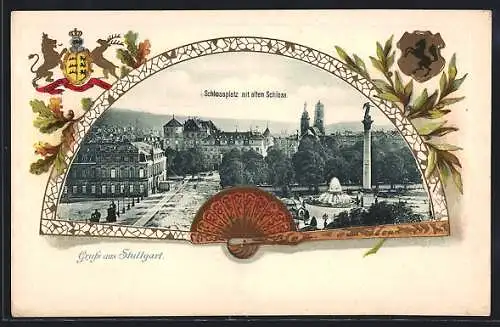 Passepartout-Lithographie Stuttgart, Schlossplatz mit dem alten Schloss, Wasserspiel und Säule
