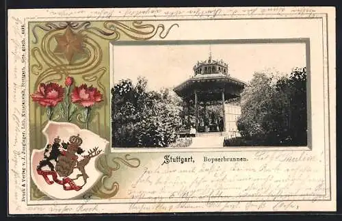 Passepartout-Lithographie Stuttgart, Bopserbrunnen mit Wappen und Blumen