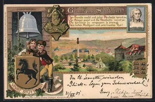 Lithographie Stuttgart, Silberglöckle, Schlossplatz, Kinder beim Wappen, Eberhardbüste, F.v. Schiller Porträt