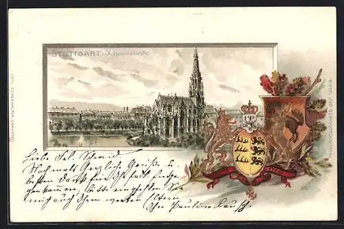 Passepartout-Lithographie Stuttgart, St. Johannskirche und Wappen