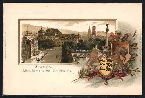 Passepartout-Präge-Lithographie Stuttgart, Altes Schloss mit Schlossplatz und Wappen
