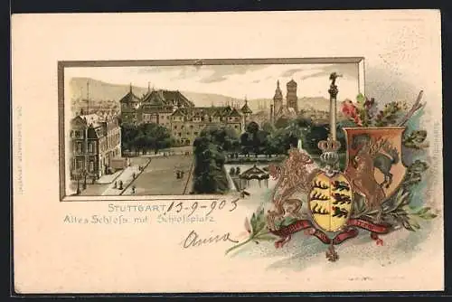 Passepartout-Präge-Lithographie Stuttgart, Altes Schloss mit Schlossplatz und Wappen