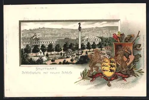 Passepartout-Lithographie Stuttgart, Schlossplatz mit neuem Schloss, Präge-Landeswappen