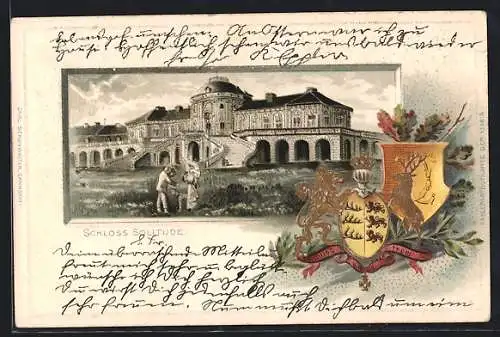 Passepartout-Lithographie Stuttgart, Schloss Solitude mit geprägten Wappen