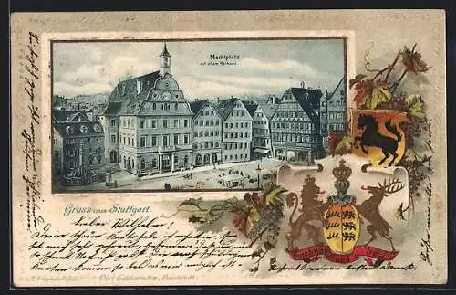 Passepartout-Lithographie Stuttgart, Marktplatz mit altem Rathaus, Passepartout mit Stadt- und württ. Wappen