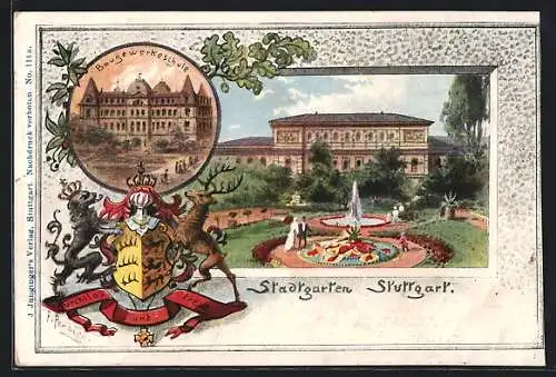 Passepartout-Lithographie Stuttgart, Fontäne im Stadtgarten, Baugewerkeschule, Wappen