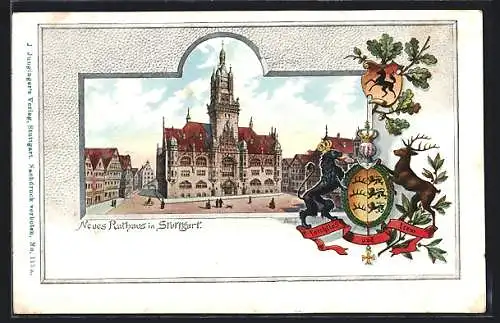 Künstler-AK Stuttgart, Neues Rathaus im Passepartoutrahmen mit Wappen