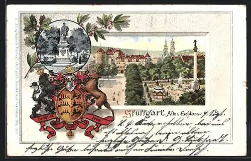 Passepartout-Lithographie Stuttgart, Altes Schloss, Denkmal, Wappen