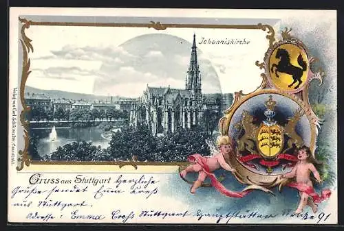 Passepartout-Lithographie Stuttgart, Die Johanniskirche, Passepartout mit Stadt- und Landeswappen