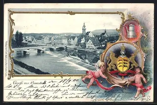 Passepartout-Lithographie Cannstatt, Ortsansicht am Fluss, Passepartout mit Stadt- und Landeswappen